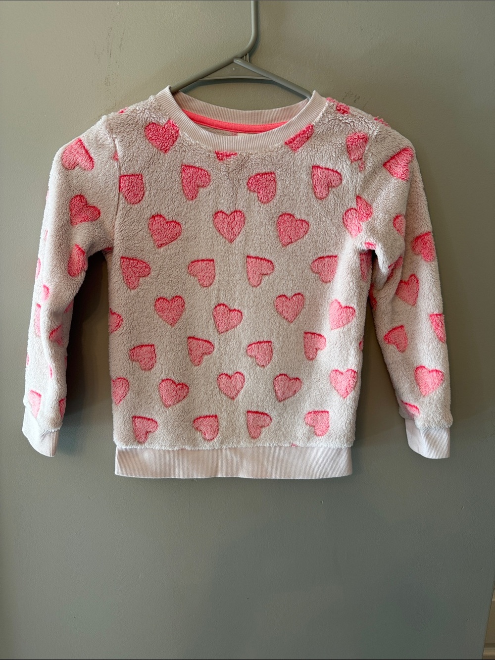Cat & Jack Cream Plush Sweatshirt with Pink Heart Print, Size 6/6X